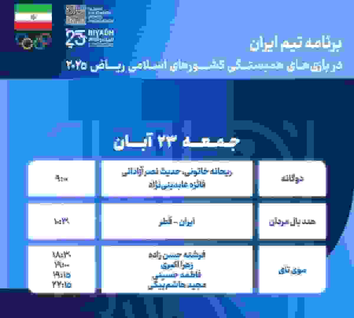 برنامه رقابت ورزشکاران ایران در بازی‌های همبستگی کشور‌های اسلامی ریاض ۲۰۲۵